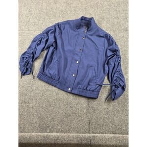 Liverpool Los Angeles Blue Ruched Sleeve Bomber Jacket Mock Neck Snap Front L